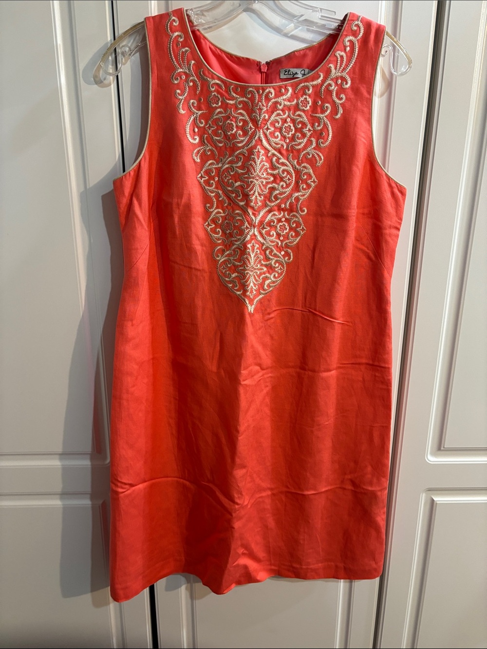Eliza J Coral Sleeveless Shift Dress with Ivory Embroidery